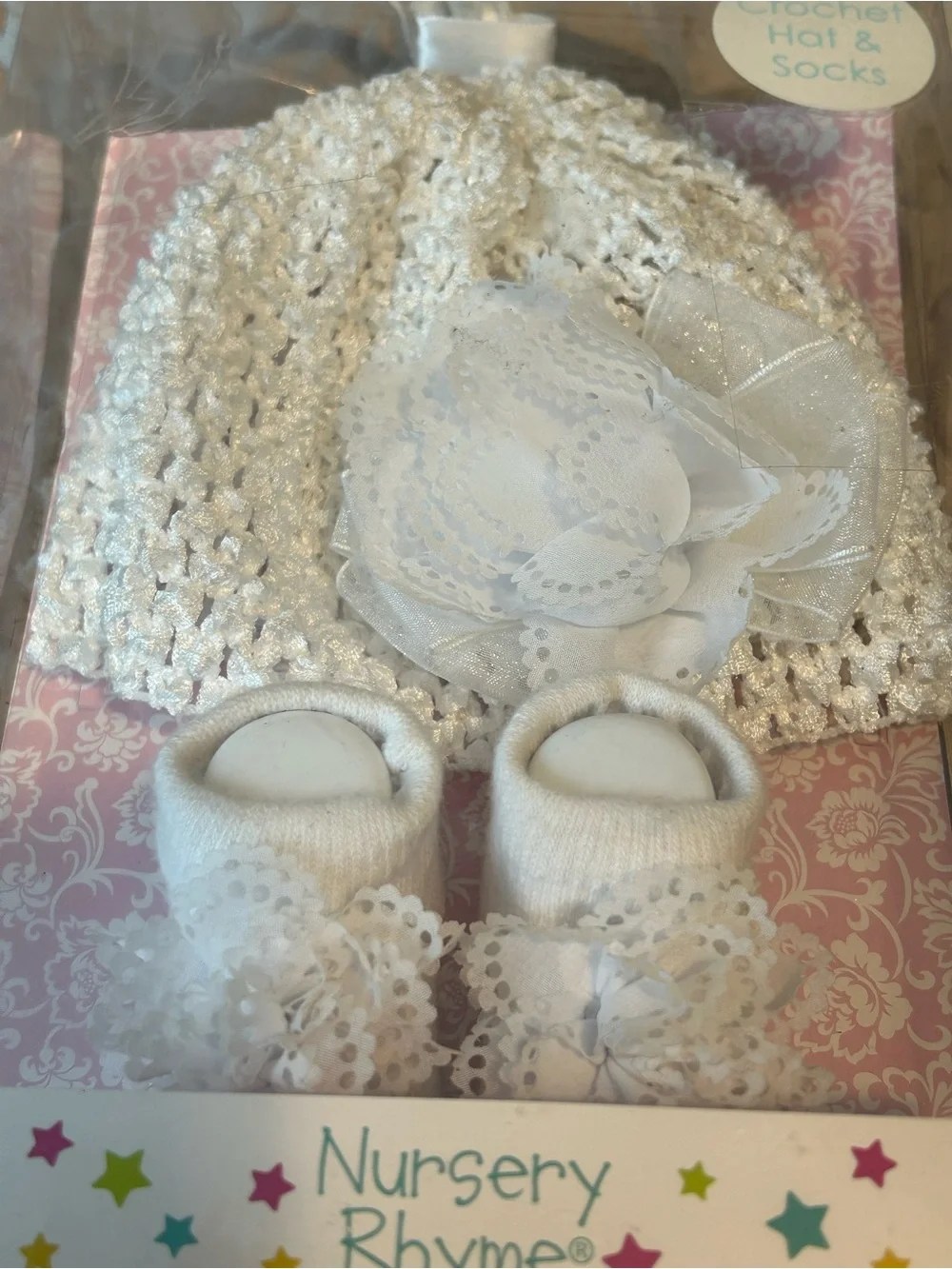 Nursery Rhyme White Crochet Baby Hat with Flower and Matching Socks